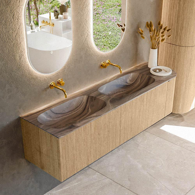 MONDIAZ KURVE-DLUX Meuble de salle de bains 165cm arrondi Droite couleur Chêne avec 2 tiroirs et 1 porte. Lavabo STOR SMALL Double / Gauche sans trou de robinet Sombra.