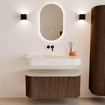MONDIAZ THOR-DLUX 100cm meuble de salle de bains arrondi gauche + droite couleur Walnut avec 1 tiroir et 2 portes. Vasque suspendue CLOUD Milieu sans trou de robinet couleur Meli.
