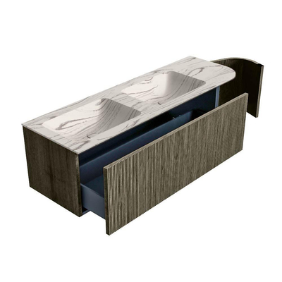 MONDIAZ KURVE-DLUX meuble de salle de bains 145cm courbe droite couleur Shadow avec 1 tiroir et 1 porte. Lavabo LEAF double / gauche sans trou de robinet Nata.