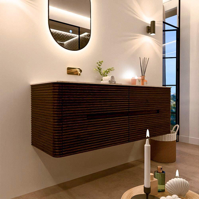 Mondiaz CIRO-DLUX Meuble de salle de bains set - 140x45x50cm - Plan vasque solid surface Meli - 1 lavabo à gauche - sans trous de robinetterie - 4 tiroirs - Noyer