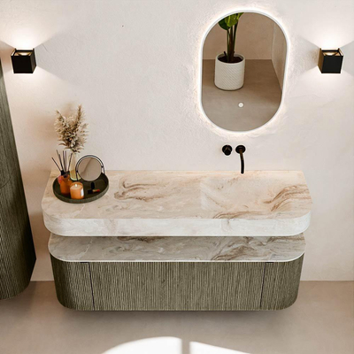 MONDIAZ THOR-DLUX 150cm badmeubel ronding links + rechts kleur Shadow met 1 lade en 2 deuren. Vrijhangende wastafel CLOUD Rechts zonder kraangat kleur Frappe.