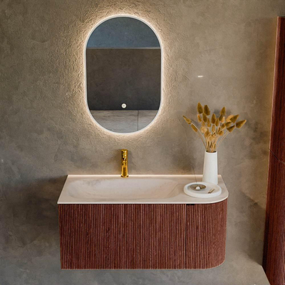MONDIAZ KURVE-DLUX Meuble de salle de bains 95cm arrondi Droit couleur Ruby avec 1 tiroir et 1 porte. Lavabo BIG SMALL Gauche 1 trou de robinet Meli.
