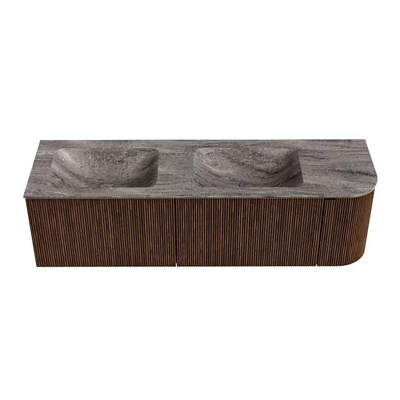 MONDIAZ KURVE-DLUX 155cm badmeubel ronding Rechts kleur Walnut met 2 lades en 1 deur. Wastafel LEAF Dubbel / Links zonder kraangat Oza.