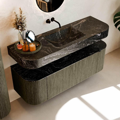 MONDIAZ THOR-DLUX 140cm meuble de salle de bains arrondi gauche + droite couleur Shadow avec 1 tiroir et 2 portes. Vasque suspendue CLOUD Milieu sans trou de robinet couleur Lava.