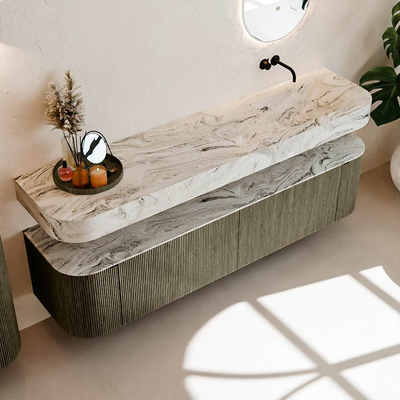 MONDIAZ THOR-DLUX Meuble de salle de bains 190cm arrondi gauche + droite couleur Shadow avec 2 tiroirs et 2 portes. Vasque suspendue CLOUD Droite sans trou de robinet couleur Glace.