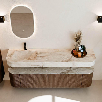 MONDIAZ THOR-DLUX 180cm meuble de salle de bains arrondi gauche + droite couleur Walnut avec 2 tiroirs et 2 portes. Vasque suspendue CLOUD Gauche 1 trou de robinet couleur Frappe.