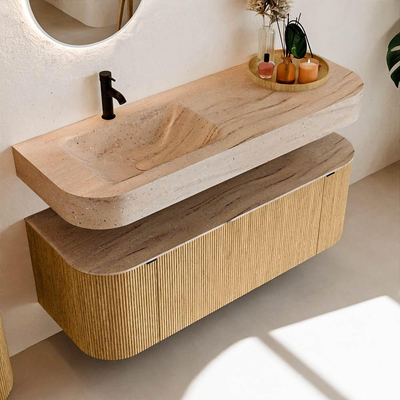 MONDIAZ THOR-DLUX 130cm badmeubel ronding links + rechts kleur Oak met 1 lade en 2 deuren. Vrijhangende wastafel CLOUD Links 1 kraangat kleur Saba.