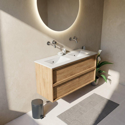 Saniclass Holz Frame Ensemble de meubles de salle de bains - 120x45x62cm - lavabo Vygo en céramique - 2 vasques - sans trous de robinetterie - avec trop-plein - 2 tiroirs - chêne naturel mat (bois)
