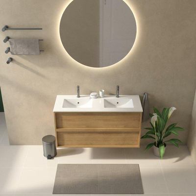 Saniclass Holz Frame Ensemble de meubles de salle de bains - 120x45x62cm - Lavabo Vygo en céramique blanc - 2 vasques - 2 trous de robinetterie - 2 tiroirs - chêne natural mat (bois)