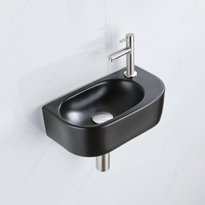QeramiQ Fuente Ensemble lave-mains - 40x21.5x12cm - droite - lisse - semi-circulaire - 1 trou de robinet - céramique - robinet de lave-mains inox brossé - bouchon de vidage - siphon abaissé - noir mat