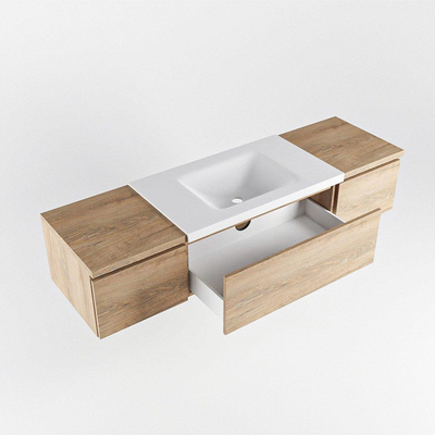 MONDIAZ BUKLA meuble de salle de bain 160cm avec module 40 couleur Chêne blanchi avec 3 tiroirs. Lavabo CLOUD milieu 1 trou de robinet couleur Talc.