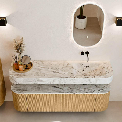 MONDIAZ THOR-DLUX 160cm badmeubel ronding links + rechts kleur Oak met 1 lade en 2 deuren. Vrijhangende wastafel CLOUD Rechts zonder kraangat kleur Glace.