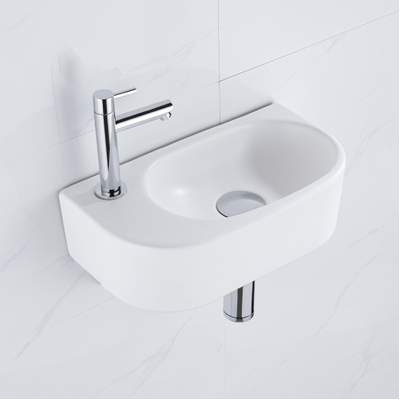Fugaflow Efficiente Pietra Ensemble pour lave-mains - 40x21.5x12cm - gauche - lisse - semi-circulaire - 1 trou de robinet - céramique - robinet lave-mains chromé - bonde - siphon abaissé - blanc mat