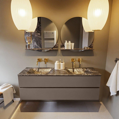 Mondiaz VICA-DLUX ensemble de meuble de salle de bain - 150cm - meuble sous-vasque fumée - 2 tiroirs - lavabo encastré nuage double - sans trous de robinet - miroir modèle spot - version XL 60cm de haut - lave