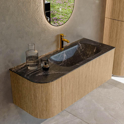 MONDIAZ KURVE-DLUX 115cm Meuble salle de bain avec module 25 G - couleur Oak - 1 tiroir - 1 porte - vasque BIG SMALL droite - 1 trou de robinet - couleur Lava