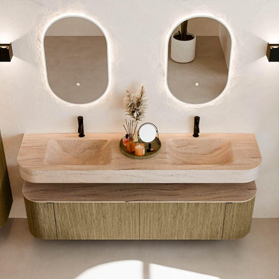 MONDIAZ THOR-DLUX 180cm meuble de salle de bains arrondi gauche + droite couleur Dusk avec 2 tiroirs et 2 portes. Vasque suspendue CLOUD Double 2 trous de robinet couleur Saba.