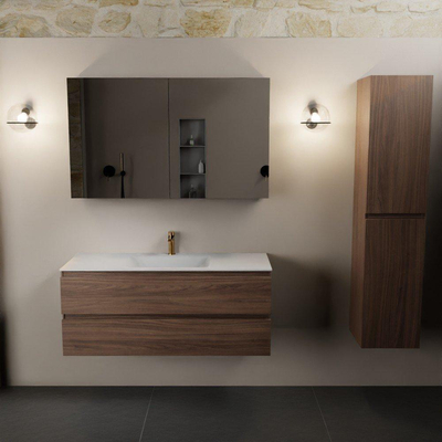 Mondiaz AIVY Ensemble de meuble - 120x45x50cm - 1 trou de robinet - 1 vasque Urban Solid surface - Centre - 2 tiroirs - avec armoire de toilette - Melamine Mocha
