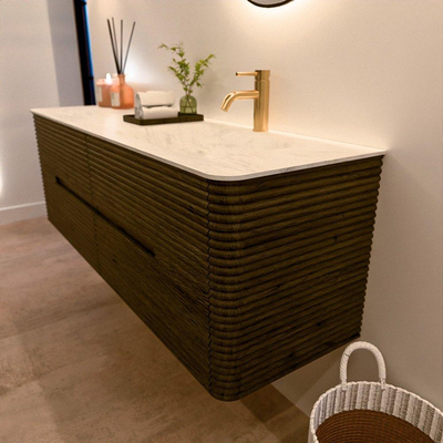 Mondiaz CIRO-DLUX Badkamermeubelset - 150x45x50cm - Solid surface wastafel Opalo - 1 wasbak Rechts - 1 kraangat - 4 lades - Shadow