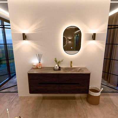 Mondiaz CIRO-DLUX Meuble de salle de bains - 140x45x50cm - Plan vasque Solid Surface Oza - 1 vasque à droite - 1 trou de robinet - 4 tiroirs - Noyer