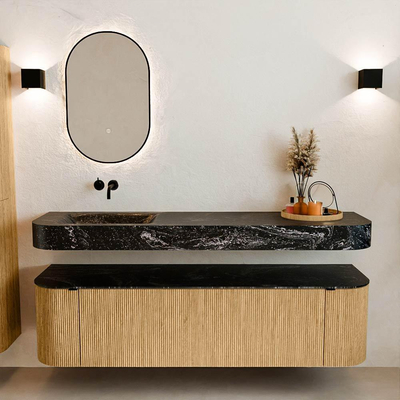 MONDIAZ THOR-DLUX Meuble de salle de bains - 170cm - arrondi gauche + droite - couleur Oak - 1 tiroir et 2 portes - Vasque suspendue CLOUD Gauche sans trou de robinet - couleur Lava