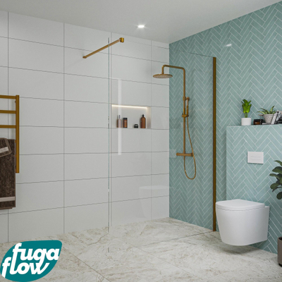 FugaFlow Eccelente Vetro inloopdouche badkamer - 140x200cm - helder glas - wandarm - geborsteld koper