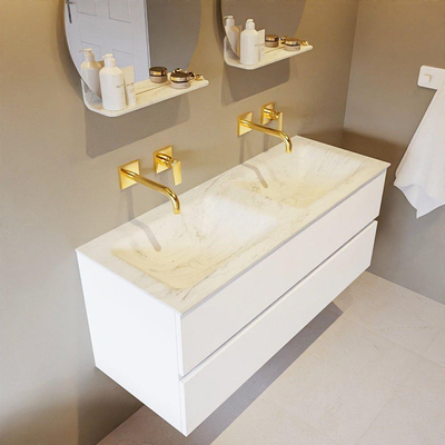 MONDIAZ VICA-DLUX Ensemble meuble de salle de bains - 120cm - meuble bas talc - 2 tiroirs - lavabo encastré cloud double - sans trous de robinet - version haute 60cm - opalo