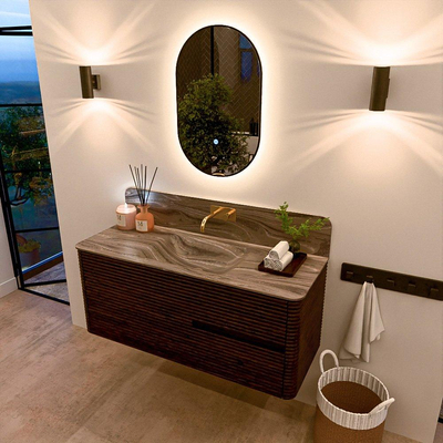 Mondiaz CIRO-DLUX Badkamermeubelset - 120x45x50cm - Solid surface wastafel Sombra - 1 wasbak Midden - zonder kraangaten - 2 lades - Walnut