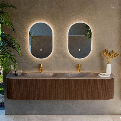 MONDIAZ KURVE-DLUX Meuble de salle de bains 200cm arrondi Gauche + Droite couleur Walnut avec 2 tiroirs et 2 portes. Lavabo STOR SMALL Double 2 trous de robinet Oza.