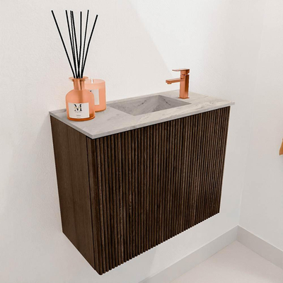 Mondiaz JOYA-DLUX 50cm toiletmeubel - kleur Walnut - Wastafel FAYE positie Rechts 1 kraangat kleur Glace.
