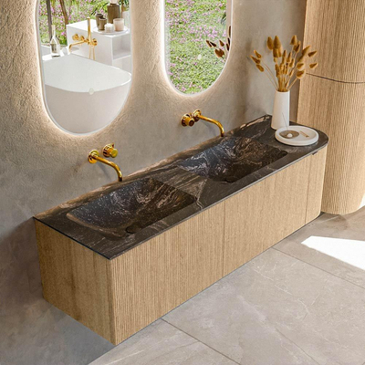 MONDIAZ KURVE-DLUX meuble de salle de bains 155cm avec module 25 R couleur Chêne avec 2 tiroirs et 1 porte. Lavabo LEAF double / gauche sans trou de robinet couleur Lava.