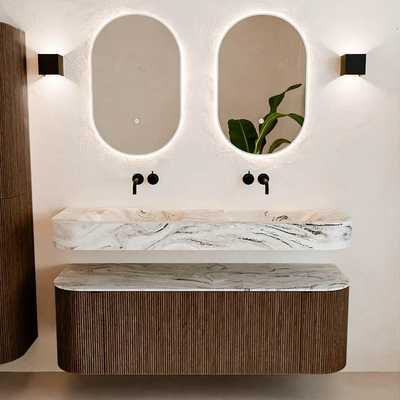 MONDIAZ THOR-DLUX 140cm badmeubel ronding links + rechts kleur Walnut met 1 lade en 2 deuren. Vrijhangende wastafel CLOUD Dubbel zonder kraangat kleur Glace.