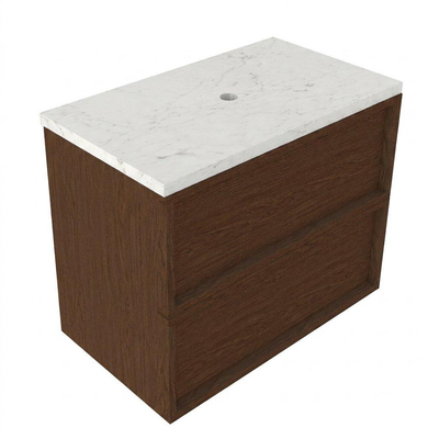 Saniclass Holz Frame Ensemble de meubles de salle de bains - 80x45x63cm - Plan de lavabo en marbre Dia poli (blanc) - sans trou de robinet - 2 tiroirs - mat noyer pur (bois)