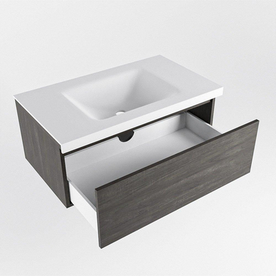 Mondiaz BUKLA Ensemble de meuble salle de bain - 80x45x34cm - 1 trou de robinet - lavabo centré - solid surface - Talc - sans poignée - 1 tiroir - Mélamine - Marron foncé