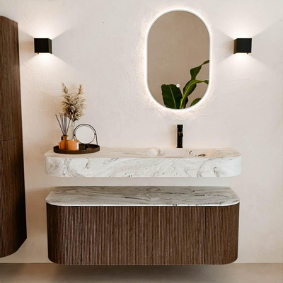 MONDIAZ THOR-DLUX 130cm badmeubel ronding links + rechts kleur Walnut met 1 lade en 2 deuren. Vrijhangende wastafel CLOUD Rechts 1 kraangat kleur Glace.
