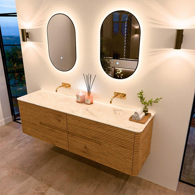 Mondiaz CIRO-DLUX Meuble de salle de bains - 170x45x50cm - Plan vasque Solid surface Ostra - 2 vasques Double - sans trous de robinetterie - 4 tiroirs - Chêne