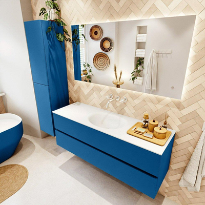 Mondiaz VICA ensemble de meuble de salle de bain - 140cm - meuble sous-vasque jeans - 2 tiroirs - lavabo moon milieu - sans trous de robinet - couleur talc - miroir LED - version XL 60cm haut