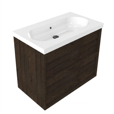 Saniclass Holz Frame Ensemble meuble de salle de bains - 80x45x63.5cm - lavabo en céramique Palermo blanc - 1 vasque - sans trou de robinetterie - 2 tiroirs - chêne charcoal mat (bois)