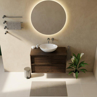Saniclass Holz Frame Ensemble meuble de salle de bains - 100x45x62cm - plan en bois - sans trou de robinetterie - 2 tiroirs - chêne charcoal mat (bois)