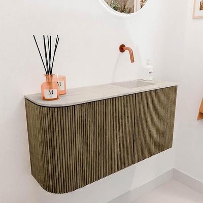 Mondiaz JOYA-DLUX 81.6cm meuble de toilette - arrondi gauche couleur Dusk - Vasque FAYE position Droite Sans trou de robinet couleur Ostra.