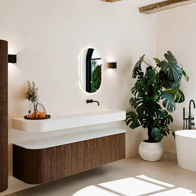 MONDIAZ THOR 170cm meuble de salle de bains arrondi gauche + droite couleur Walnut avec 1 tiroir et 2 portes. Vasque suspendue CLOUD Droite sans trou de robinet couleur Talc.