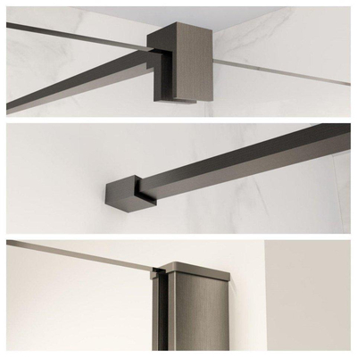 Fortifura Galeria Halfhoge Inloopdouche - 100x80cm - helder glas - 8mm - nano - met profiel en stabilisatiestang - Gunmetal geborsteld PVD