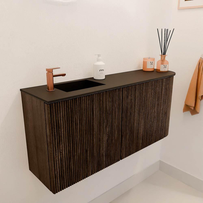 Mondiaz JOYA 91.6cm toiletmeubel - ronding rechts kleur Walnut - Wastafel FAYE positie Links 1 kraangat kleur Urban.