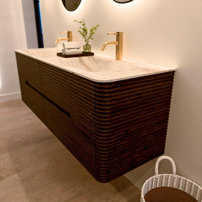 Mondiaz CIRO-DLUX Badkamermeubelset - 150x45x50cm - Solid surface wastafel Frappe - 2 wasbak Dubbel - 2 kraangaten - 4 lades - Walnut
