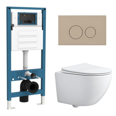 QeramiQ Dely Swirl Ensemble WC Compact - réservoir encastré QeramiQ flush - abattant slim - plaque de commande en plastique taupe - boutons ronds - blanc mat