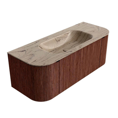 MONDIAZ KURVE-DLUX 120cm meuble de salle de bains arrondi Gauche + Droite couleur Ruby avec 1 tiroir et 2 portes. Vasque BIG SMALL Centrale 1 trou de robinet Arena.