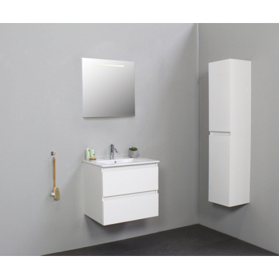 Basic Bella Meuble salle de bains avec lavabo céramique Blanc 60x55x46cm 1 trou de robinet avec miroir et éclairage Blanc brillant