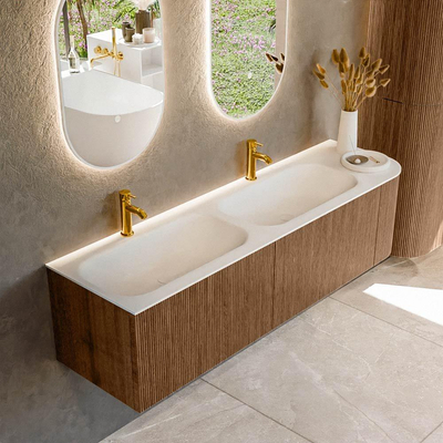 MONDIAZ KURVE 165cm Meuble salle de bain avec module 25 D - couleur Walnut - 2 tiroirs - 1 porte - vasque BIG SMALL double / gauche - 2 trous de robinet - Talc