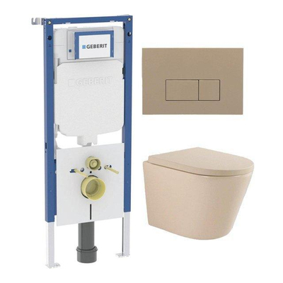 QeramiQ Dely Swirl Pack WC - 36,3x51,7cm - réservoir encastré Geberit UP720 Duofix Sigma - assise de 35 mm - plaque de déclenchement taupe - boutons rectangulaires - beige