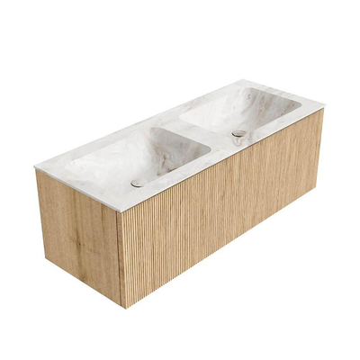 MONDIAZ KURVE-DLUX 120cm badmeubel kleur Oak met 1 lade. Wastafel LEAF dubbel zonder kraangat kleur Frappe.