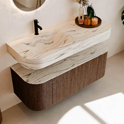 MONDIAZ THOR-DLUX 120cm badmeubel ronding links + rechts kleur Walnut met 1 lade en 2 deuren. Vrijhangende wastafel CLOUD Links 1 kraangat kleur Nata.